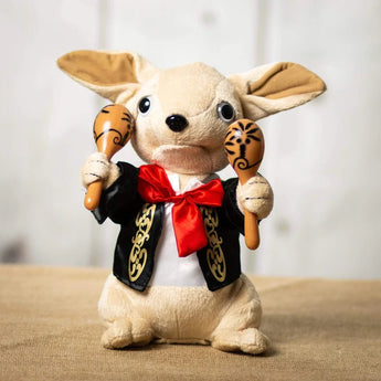 A singing chihuahua dressed as a mariachi band member holding two maracas