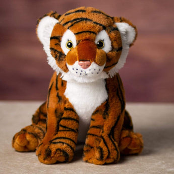 A stripped tiger that is 11 inches tall while sitting