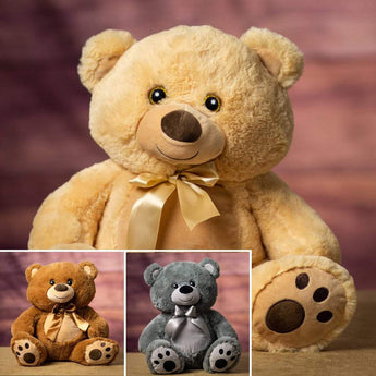 A beige, brown and gray bear that are 15 inches tall while sitting with paw print at the bottom of their feet