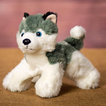 A two-toned gray husky that is 7 inches from head to tail