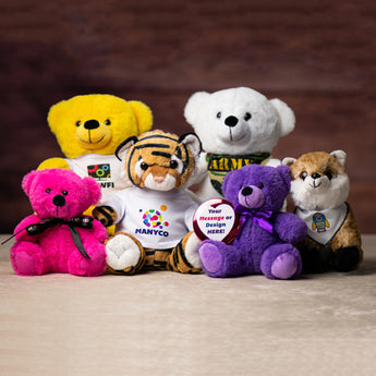 Several bears and animals wearing custom-printed accessories