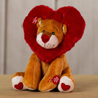 A tan lion with a heart wrapped around its head