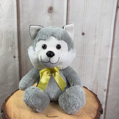 A gray husky that is 10 inches tall while sitting wearing a yellow bow