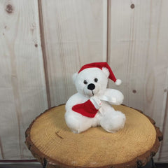 Small white stuffed teddy bear wearing a red Santa hat and hlding a red stocking