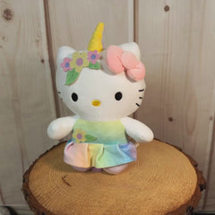 9" Hello Kitty stuffed animal with a unicorn horn and tie dye dies dress