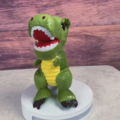 A green dinosaur that is 9.5 inches tall while standing