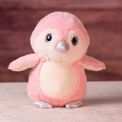 10 in stuffed pink penguin with glitter eyes and glitter ears and paws