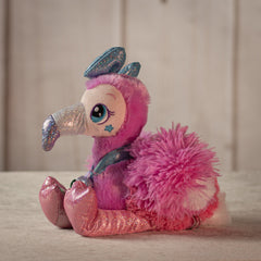 8" glamorous pink flamingo with sparkly legs, a diamond necklace, and a sparkly blue bow