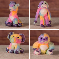 6 in rainbow sherbet giraffe, monkey, elephant, and sloth with purple glitter hands and feet