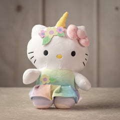 9" Hello Kitty Unicorn wearing a rainbow dress with flower details and a pink bow
