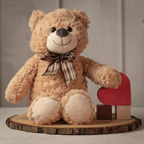 17" Beige stuffed teddy bear with a brown plaid bow