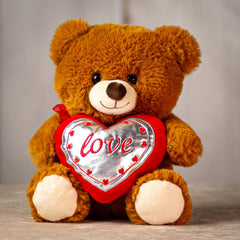 9.5" stuffed brown shine on valentine bear pair holding a red and silver heart