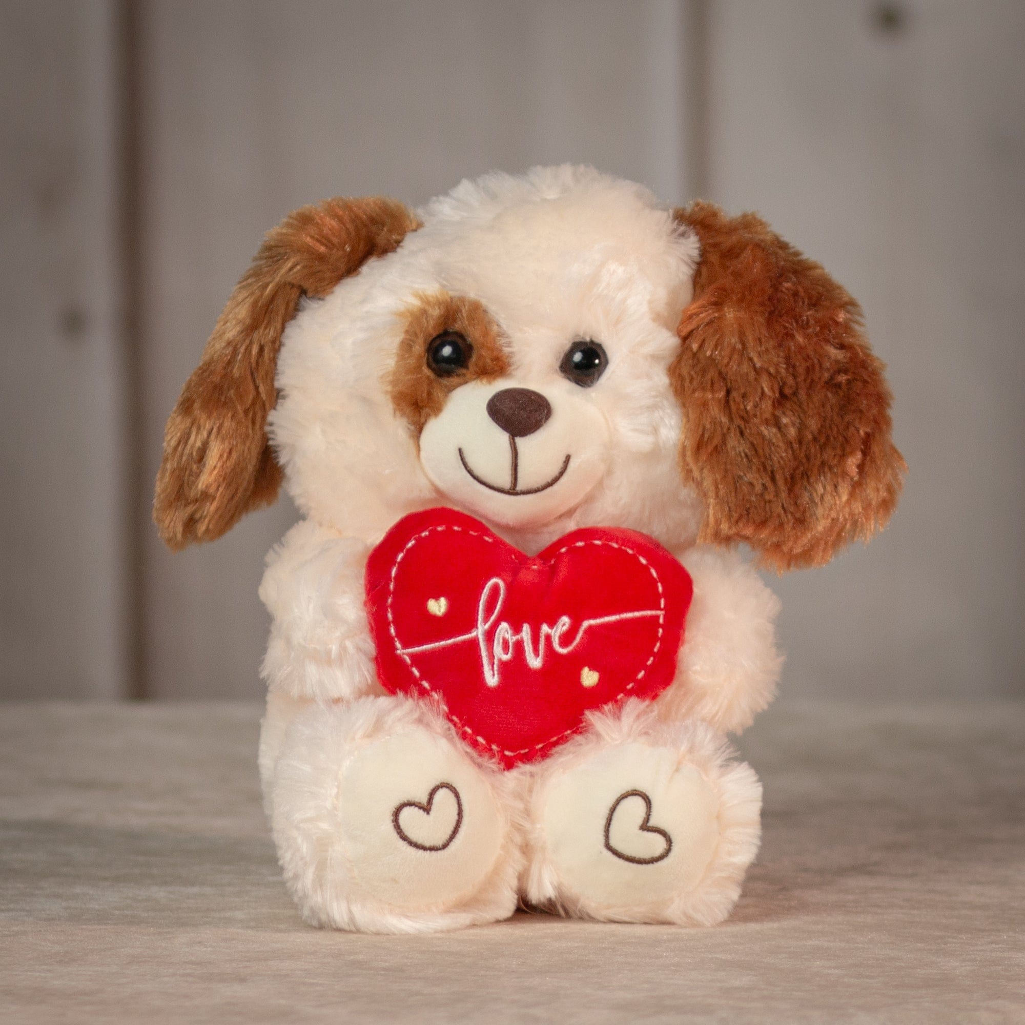 9" Sitting Valentine Doggie Trio in cream with love heart and heart paws