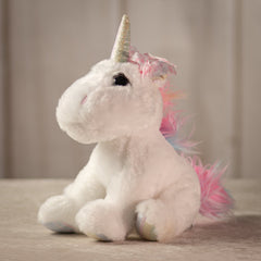 10" White Bella Unicorn with a rainbow main and horn with eyelashes