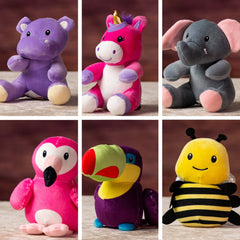 6 in stuffed hippo, unicorn, elephant, flamingo, tucan, and bee