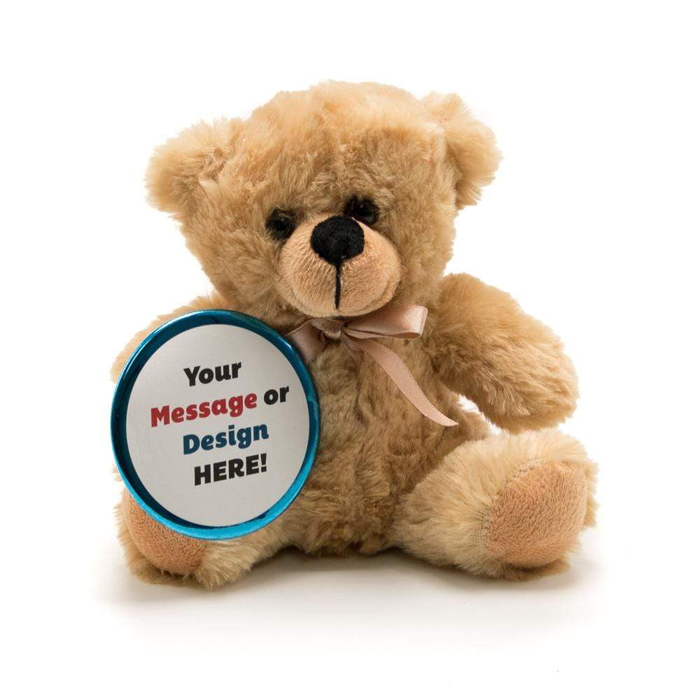 A beige bear holding a blue button