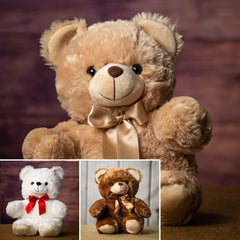 A white, brown, and beige bear that are 18 inches tall while standing