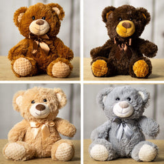 A gray, beige, brown, and dark brown bear that are 10.5 inches tall while sitting