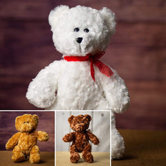 A white, beige, and brown bear that are 14 inches tall while standing