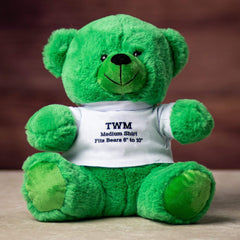 A green bear wearing a white t shirt