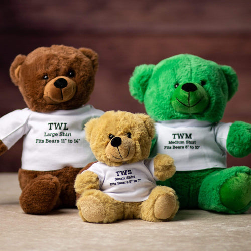 A green, beige, and brown bears wearing white t shirts