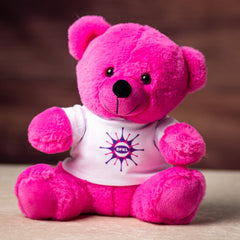 A pink bear wearing a white custom printed t shirt