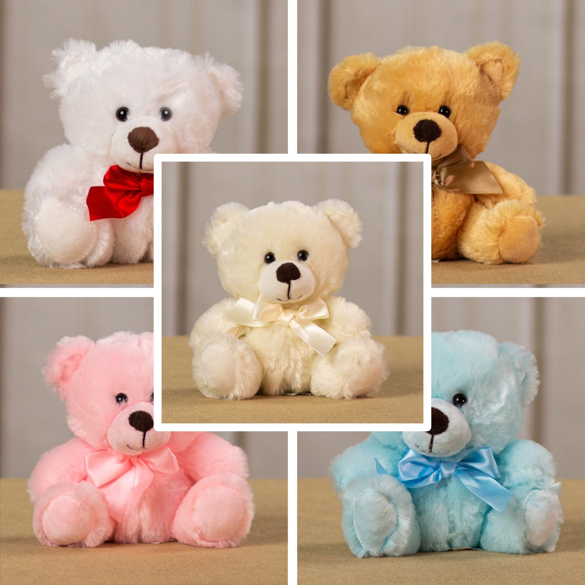 A blue, pink, white, beige, and cream bears that are 6 inches tall while sitting