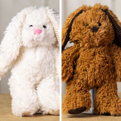 A white and brown scruffy rabbit that are 13 inches tall while standing with corduroy ears and feet