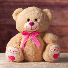 19.5 in stuffed valentines day bear with pink heart nose and paws wearing a bow