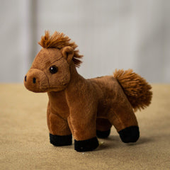 A standing brown horse that is 5.5 inches from head to toe with black hooves