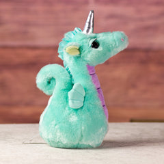 stuffed 11 in teal seahorse unicorn with eyelashes and silver horn