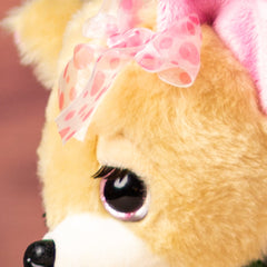 10 in stuffed chihuahua with pink glitter eyes and eyelashes wearing a pink bow