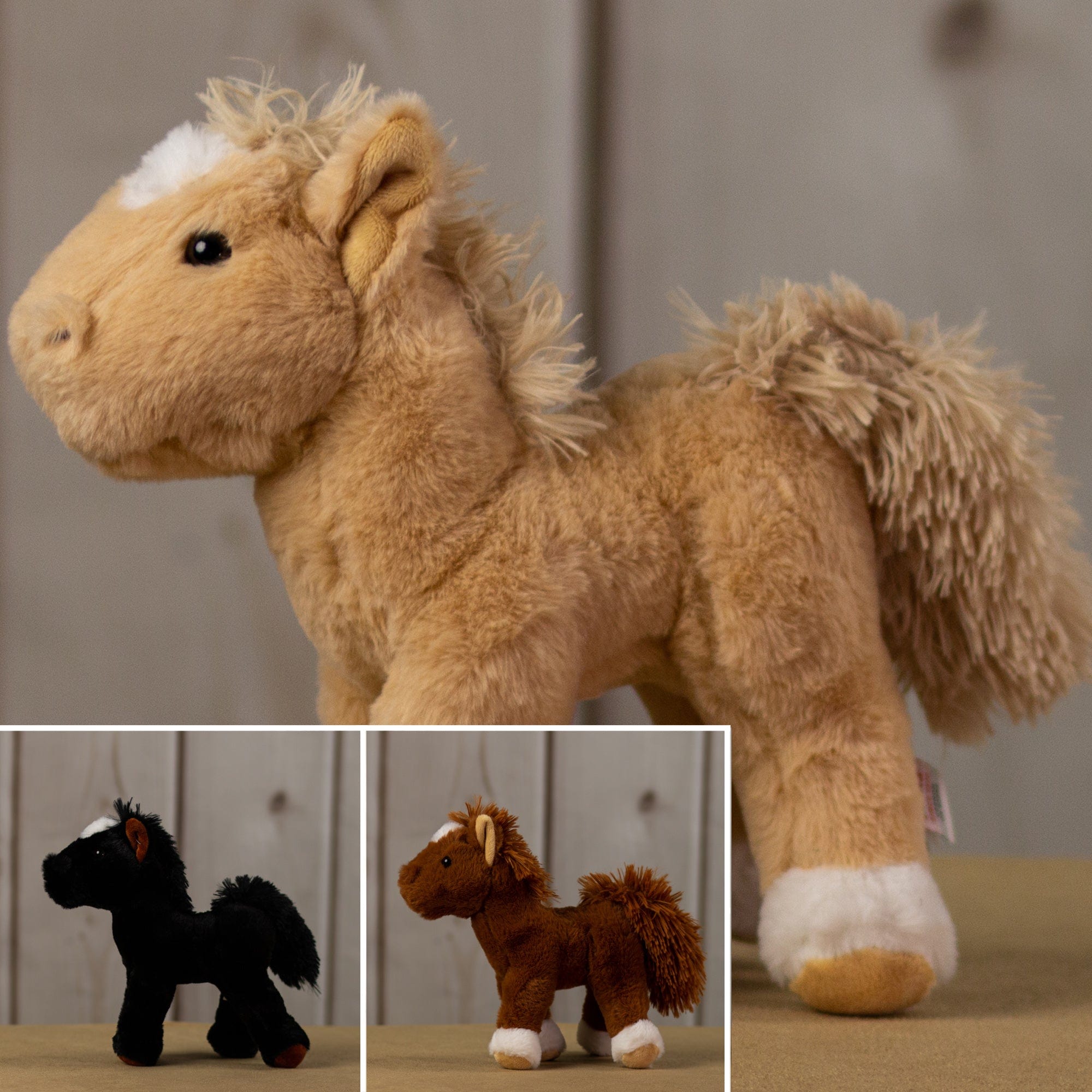 A beige, brown, and black horse that are 10.5 inches tall from head to tail