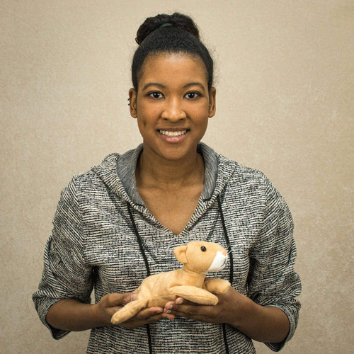 A woman holds a laying cougar that is 8 inches from head to tail 