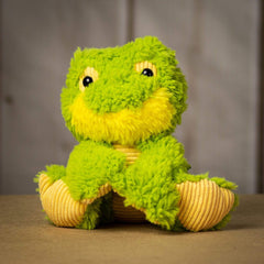 A scruffy green frog that is 9.5 inches tall while sitting