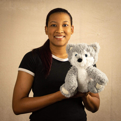 A woman holds a scruffy gray and white wolf that is 9.5 inches tall while sitting with blue eyes